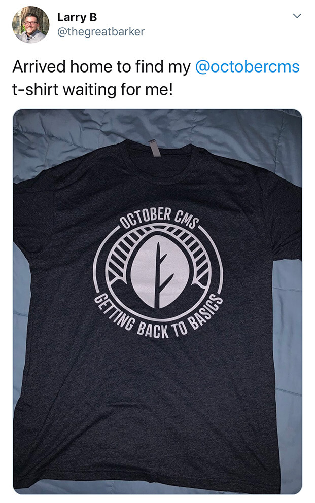 October CMS logo graphic embedded on a custom made T-Shirt